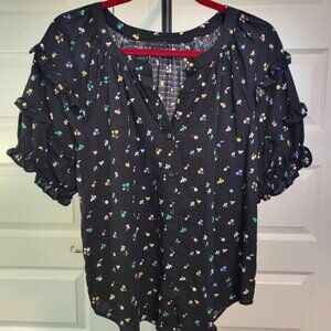 Ann Taylor Dark Navy Blue, Flowered, Puff-sleeved Top, Size M